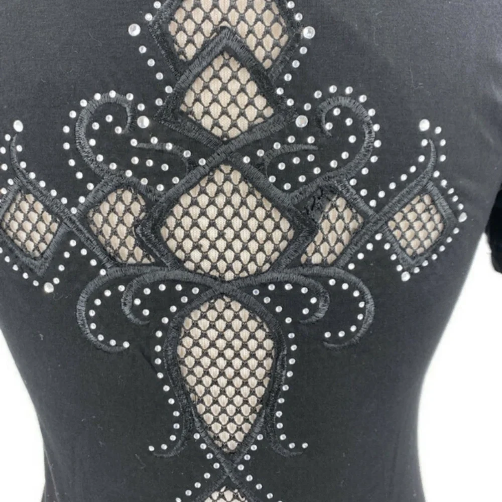Tee Black Small Mesh See Through Cross Short Sleeve Rhinestones Biker Sexy NWT S - Picture 7 of 7